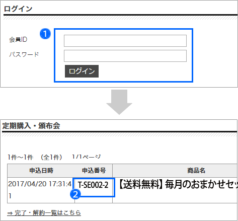ログインと申込番号の確認画面